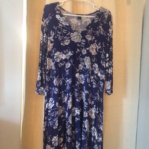 Sleeved Blue Dress with Flowers